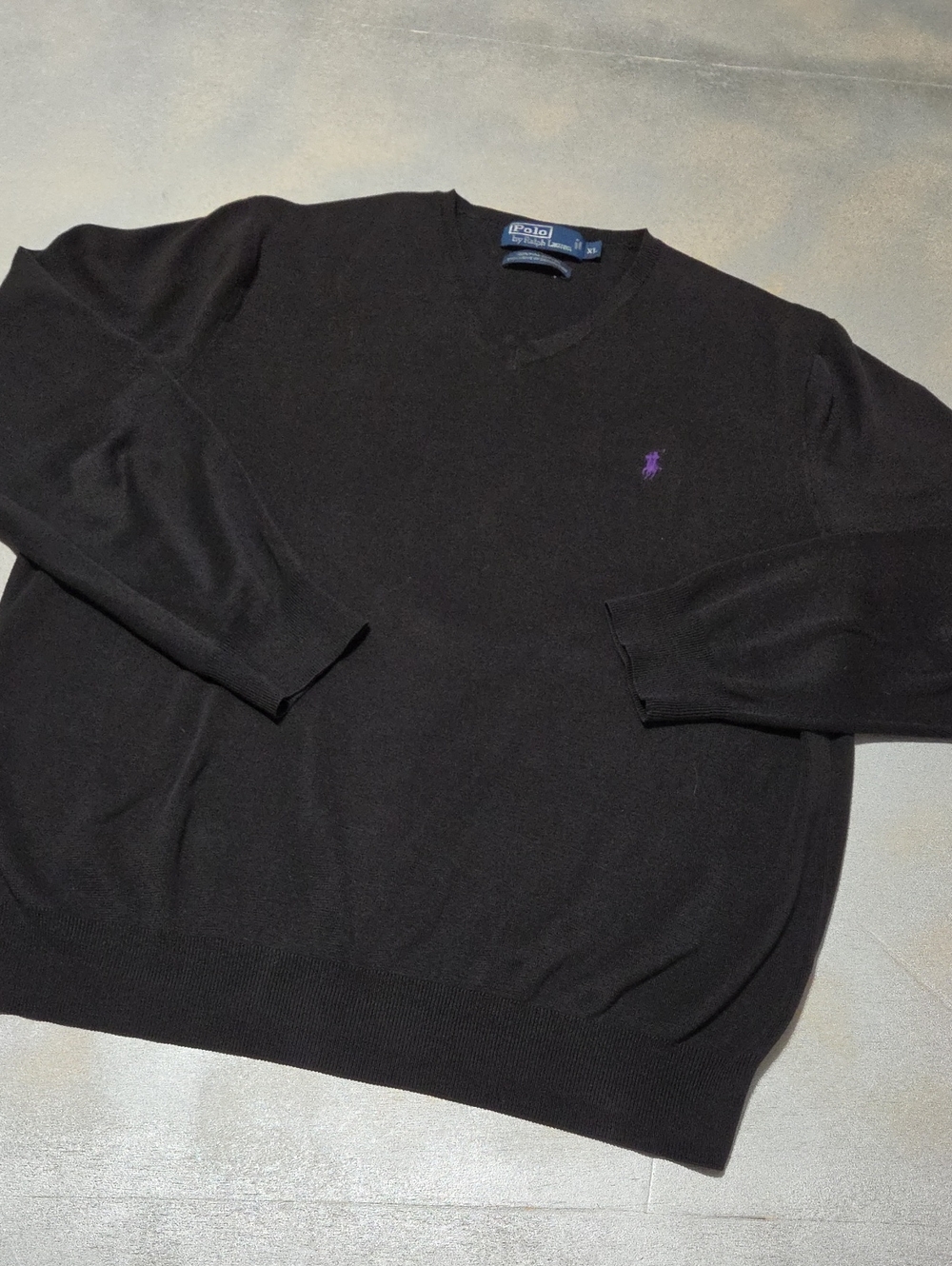 Polo by Ralph Lauren Black V-Neck Sweater with Purple Pony Embroidery